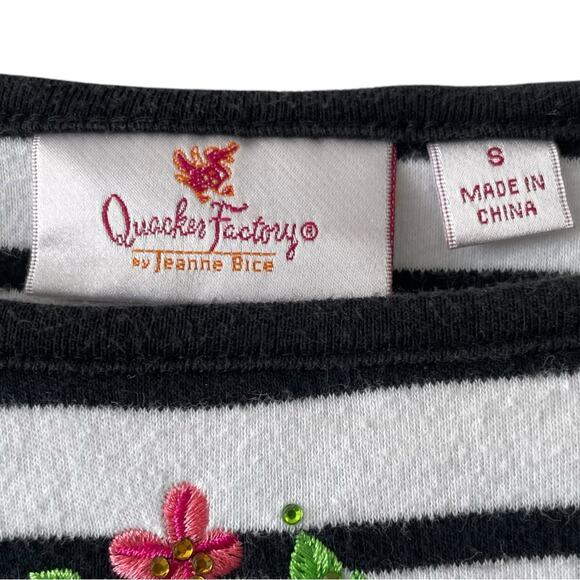 Quacker Factory Striped Floral Embroidered Top | White and Black Stripes | Small - Picture 2 of 5